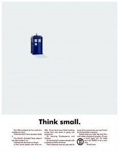 Parody ad, riffing on the famous Volkswagen "Think Small" ad